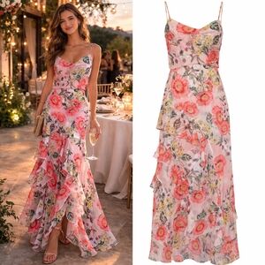 NWT Parker Black New York Pink Floral Ruffle Maxi Dress